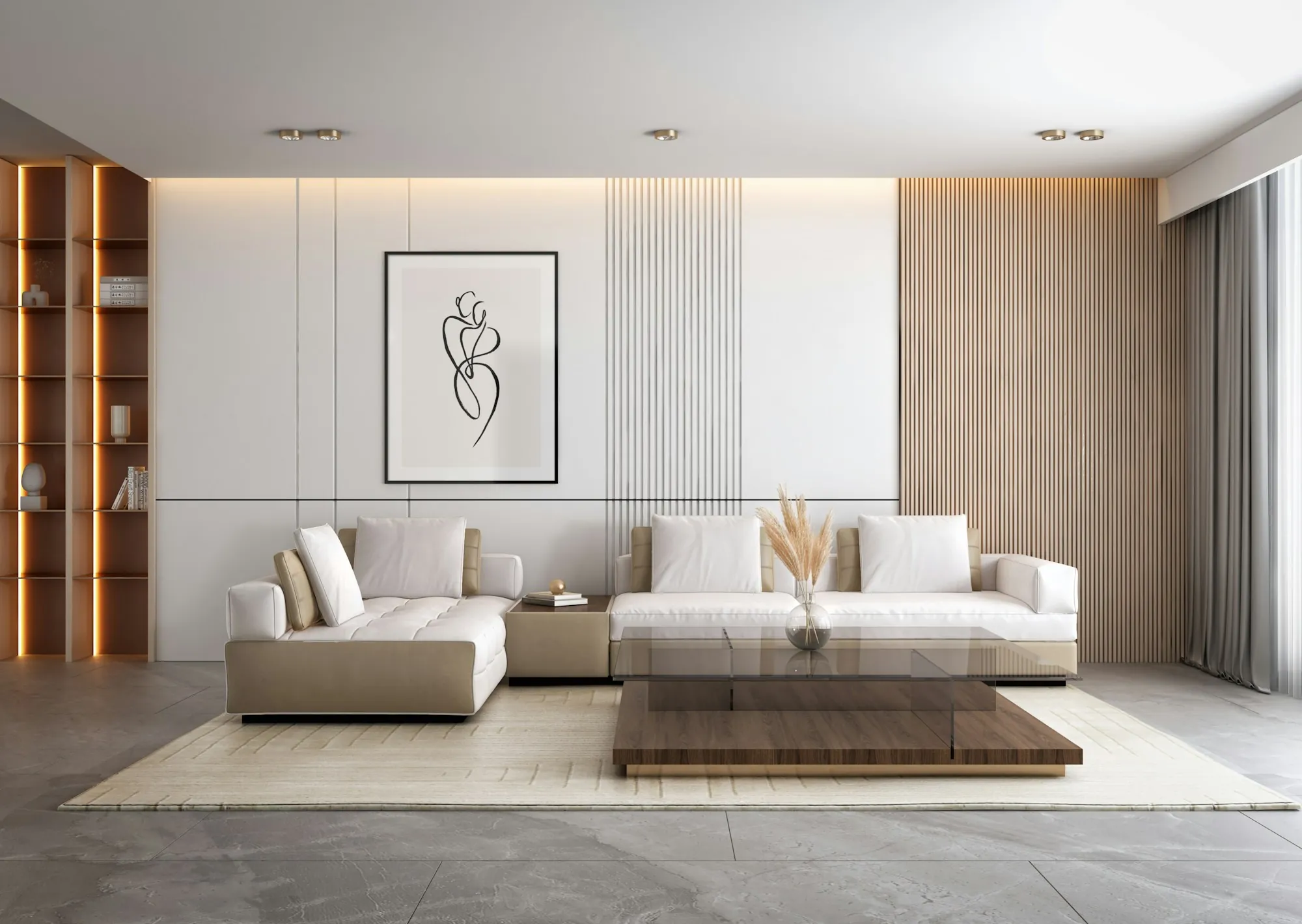 Renovated living room with a low sectional sofa, wood slat wall panels and recessed lighting